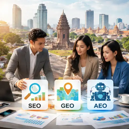 SEO vs GEO vs AEO, Cambodian businesses 2026, AI-driven search Cambodia